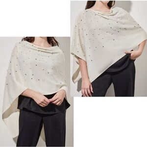 Ming Wang Cashmere Wool Blend Pearl Beaded Cape Poncho Shawl New